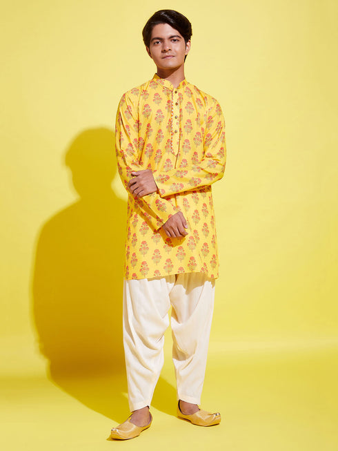 Boy's' Multicolor-Base-Mustard And Cream Kurta Patiala Set